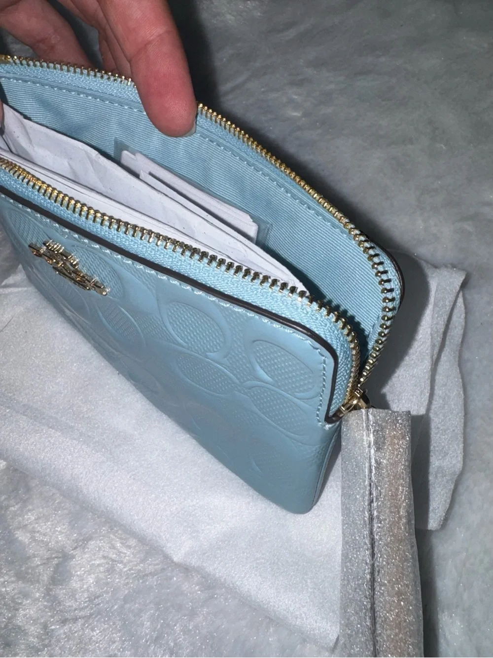 Coach Glossy Signature Patent Wristlet in Light Blue